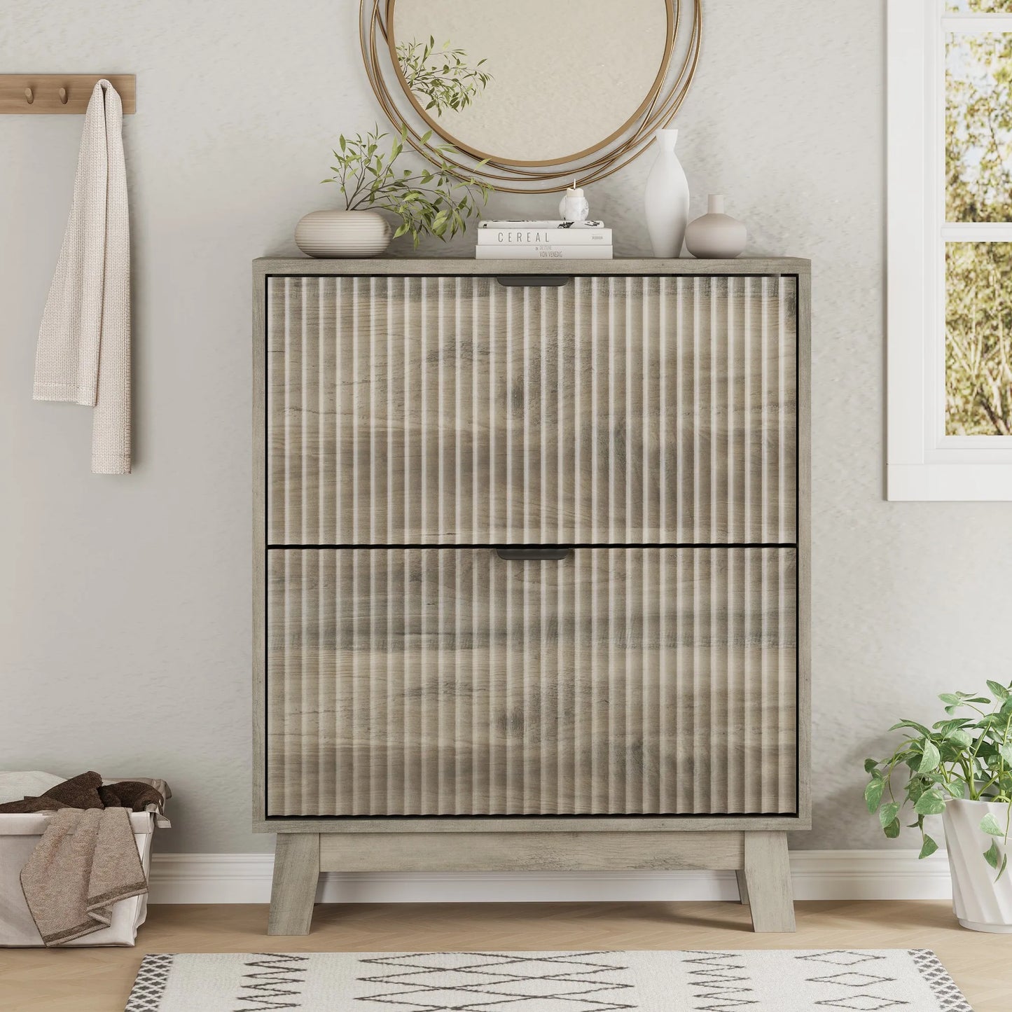 37" Tall Narrow Fluted Shoe Cabinet w/2 Flip Drawers