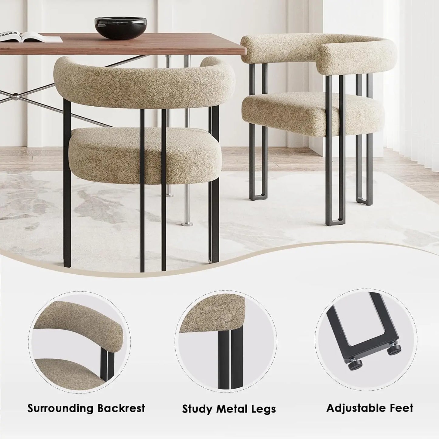 Set (2) Modern Bouclé Fabric Upholstered Dining Room Armchairs