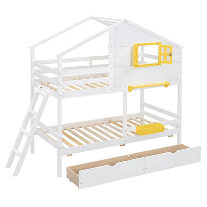 House Twin Over Twin Bunk Beds w/Storage Drawers & Shelf