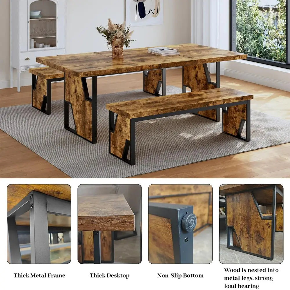 70.8 Modern Wooden Dining Table with 2 Benches,