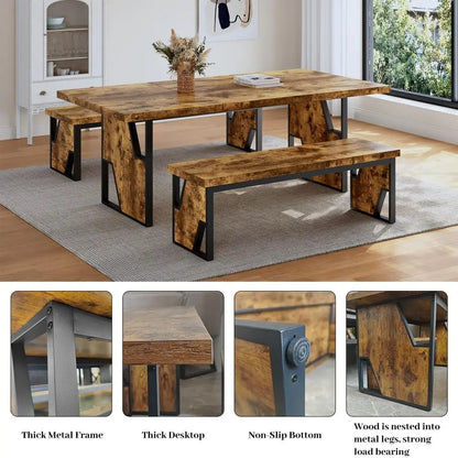 70.8 Modern Wooden Dining Table with 2 Benches,
