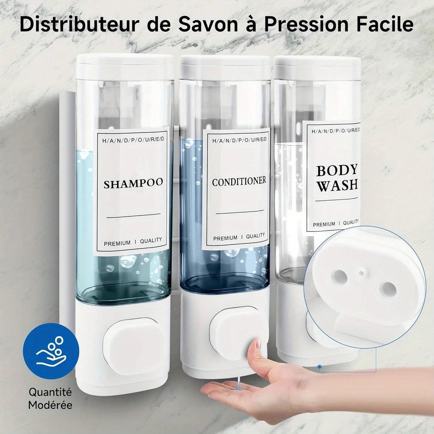 Wall-Mounted 3-in-1 Shampoo, Conditioner, Soap Dispenser, No Drilling