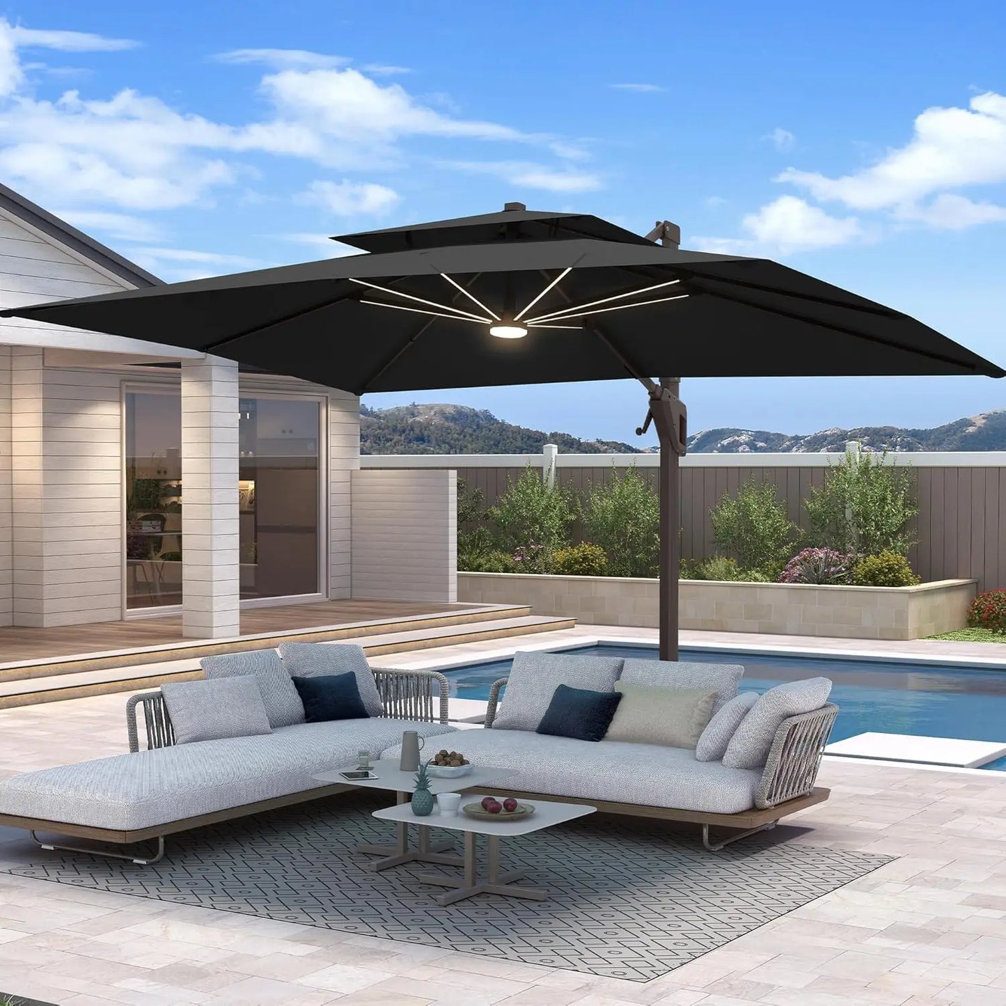 10'x13' Cantilever Patio Umbrella w/Led Lights, Heavy Duty