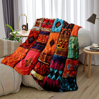 Vibrant Ethnic Bohemian Patchwork Quilt, Floral Flannel Blanket