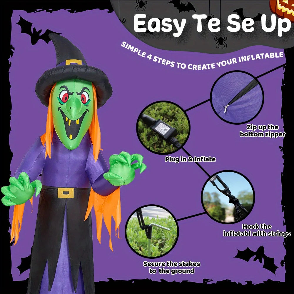 12' Tall Witch Halloween Inflatable Outdoor Decorations with Built-in LED Lights