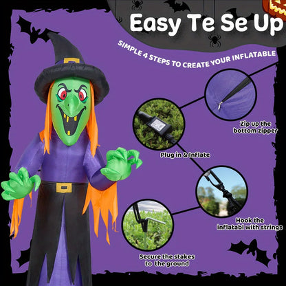12' Tall Witch Halloween Inflatable Outdoor Decorations with Built-in LED Lights