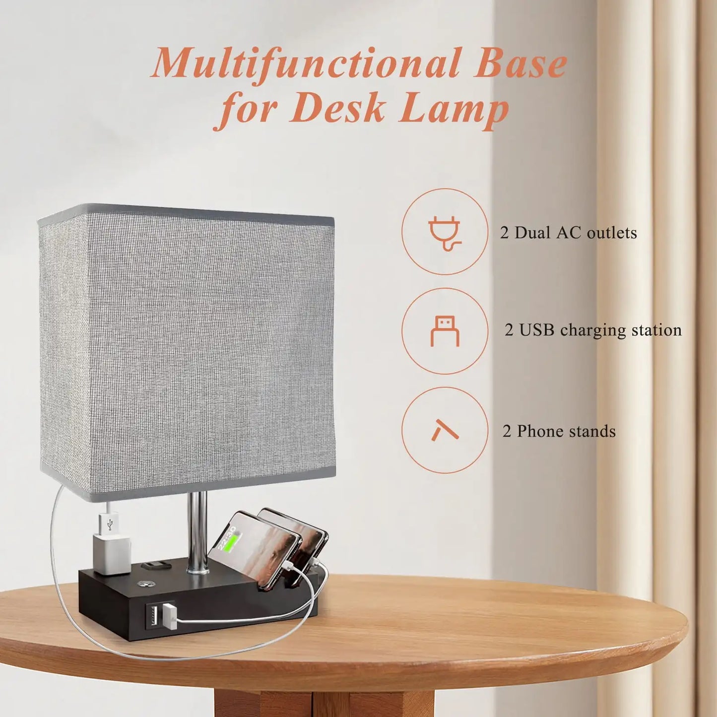 15.7" Bedside Dimmable Lamp, Dual USB Charging Ports
