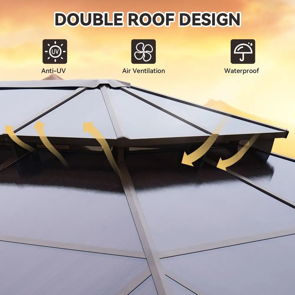 12x16 Outdoor Gazebo w/Double Polycarbonate Roof, Netting and Curtain