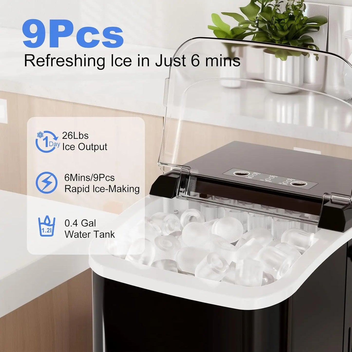 Portable Ice Maker Machine, 9 Cubes in 6 Mins, 26lbs Daily, Auto Clean