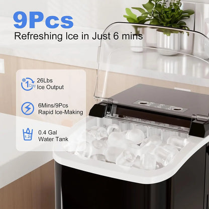 Portable Ice Maker Machine, 9 Cubes in 6 Mins, 26lbs Daily, Auto Clean