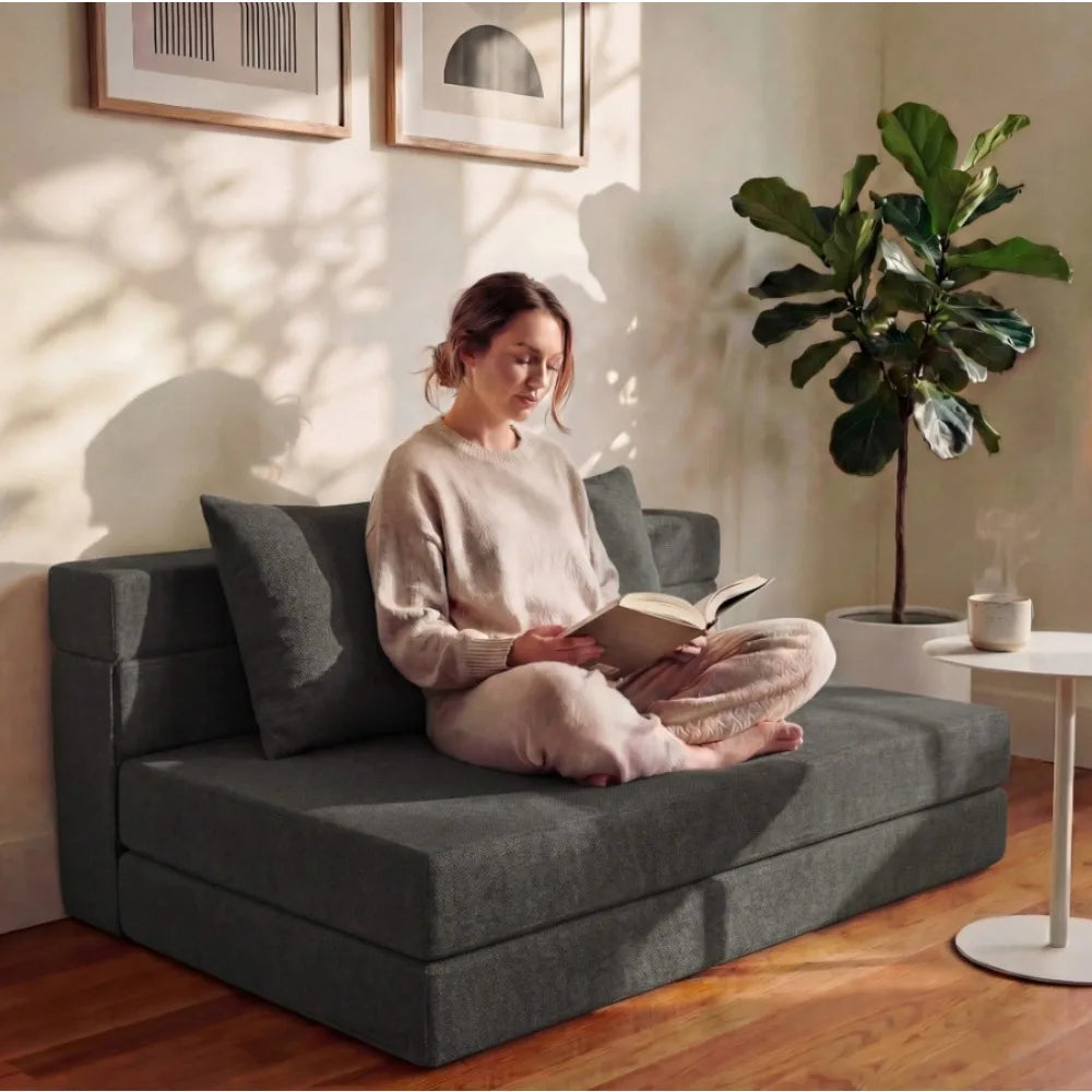 Two-Seater Convertible Boneless Couch, Foldable Pillow Type Mattress