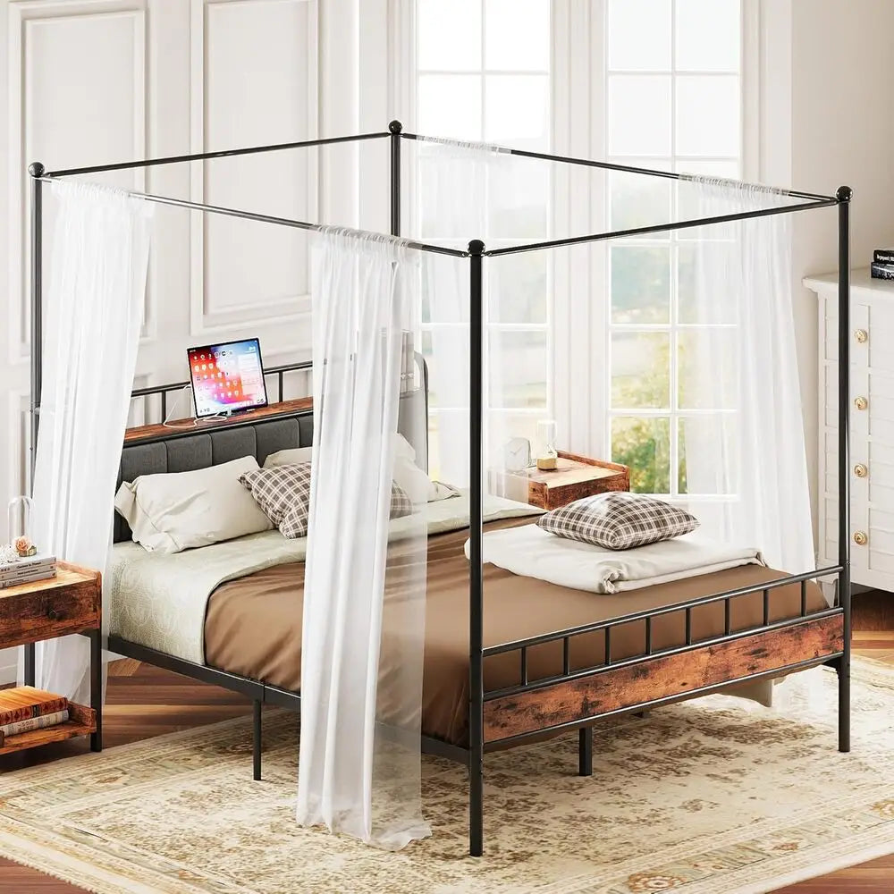 Queen Canopy Bed Frame, Storage and Headboard w/Charging Station