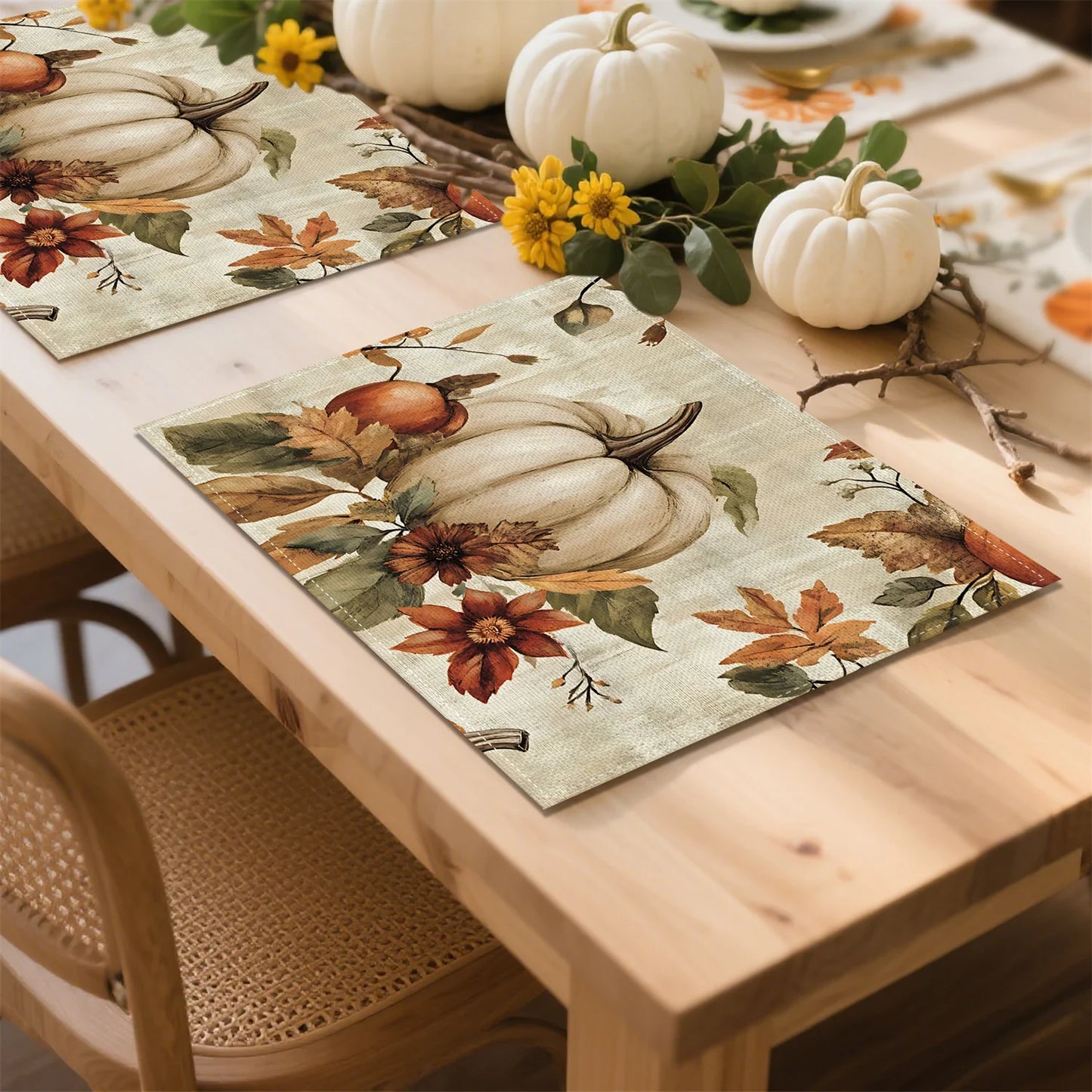 Fall Thanksgiving 4/ 6pcs Vintage Pumpkin Flowers Leaves Placemats 12"x18"