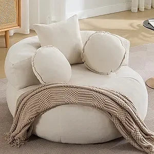 Oversized Round Sofa Chair, Chenille Fabric Circle Lounge Chair, Boneless Barrel Shape Lazy Bean Bag