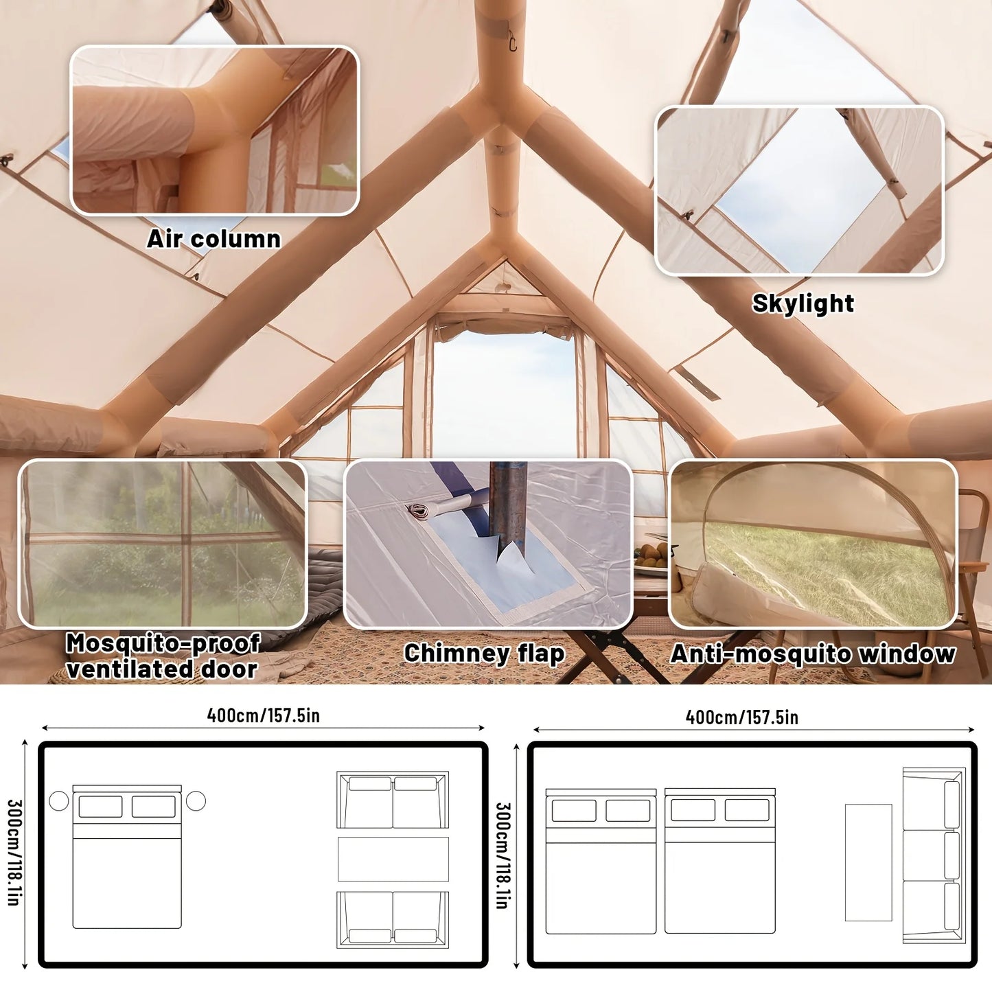 Large Inflatable Camping Tent w/Skylight, Air-Flow & Breathable Mesh Design