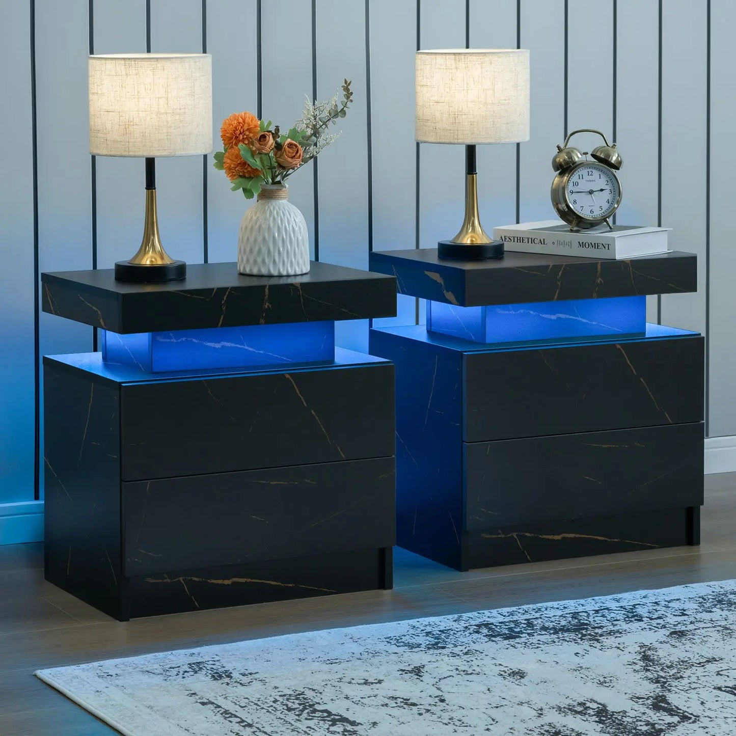 Set (2) LED Bedside Nightstand with 2 Drawers
