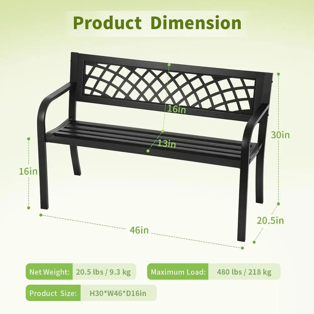 Black Steel Patio Bench w/Mesh and Plastic Backrest