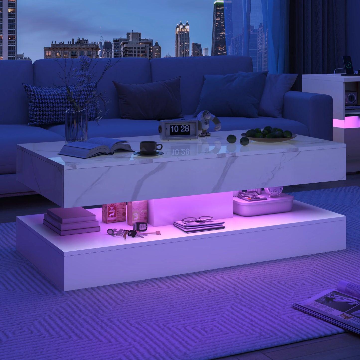 Double-Layer Stylish Coffee Table w/LED Lights