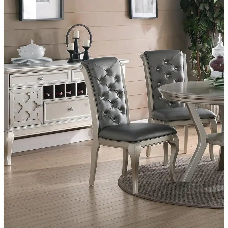 7pc Rect. Glass Dining Table, Silver Hue, 6 Tufted Side Chairs