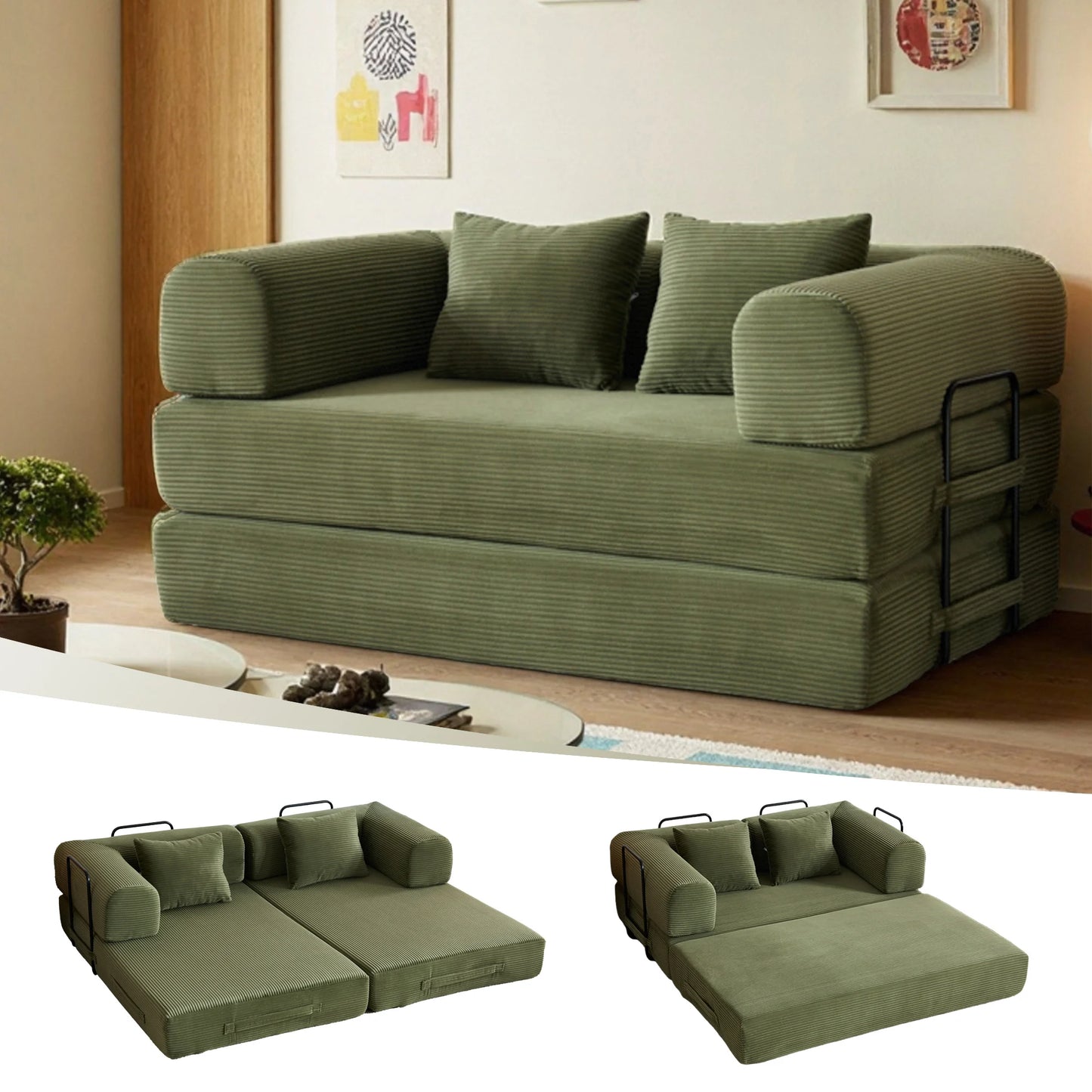59" 4:1 Boneless Convertible Floor Sofa, High-Density Sponge & Corduroy Fabric