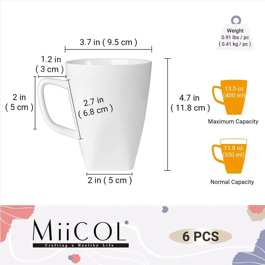 Porcelain Coffee Mugs Set of 6, Large Coffee Cups 14oz,