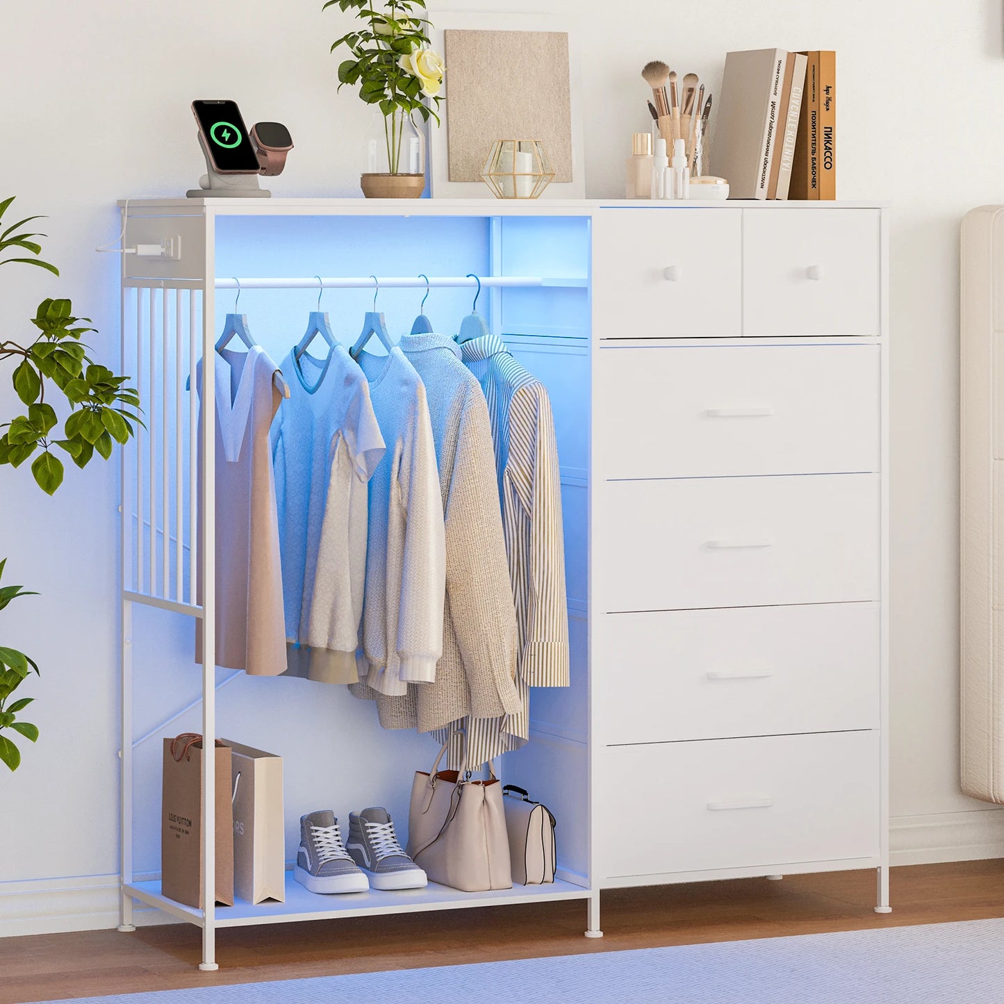 Reversible 6 Drawers Hanging Rack Dresser w/LED, USB