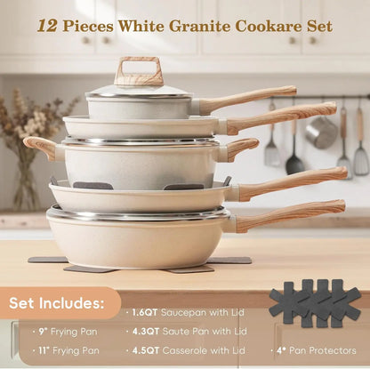 12pc White Granite Induction Pots and Pans, Non-Stick, Non-Toxic Cookware