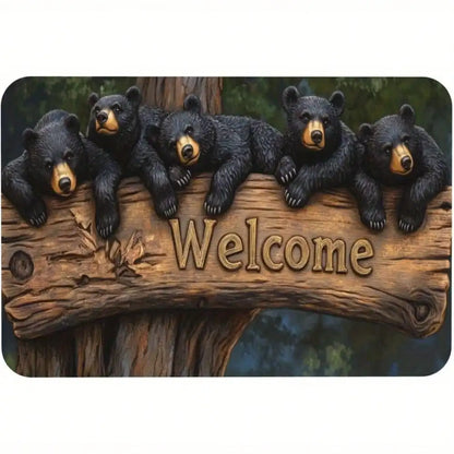 Black Bears Welcome Door Mat, Non-Slip, Washable, Rustic