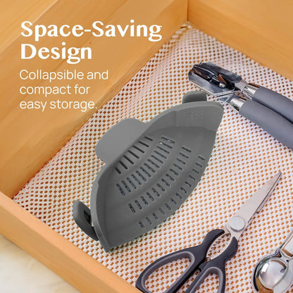 Snap N' Strain, Silicone Pasta Strainer Clip-On for Pots and Pans - Heat Resistant Colander