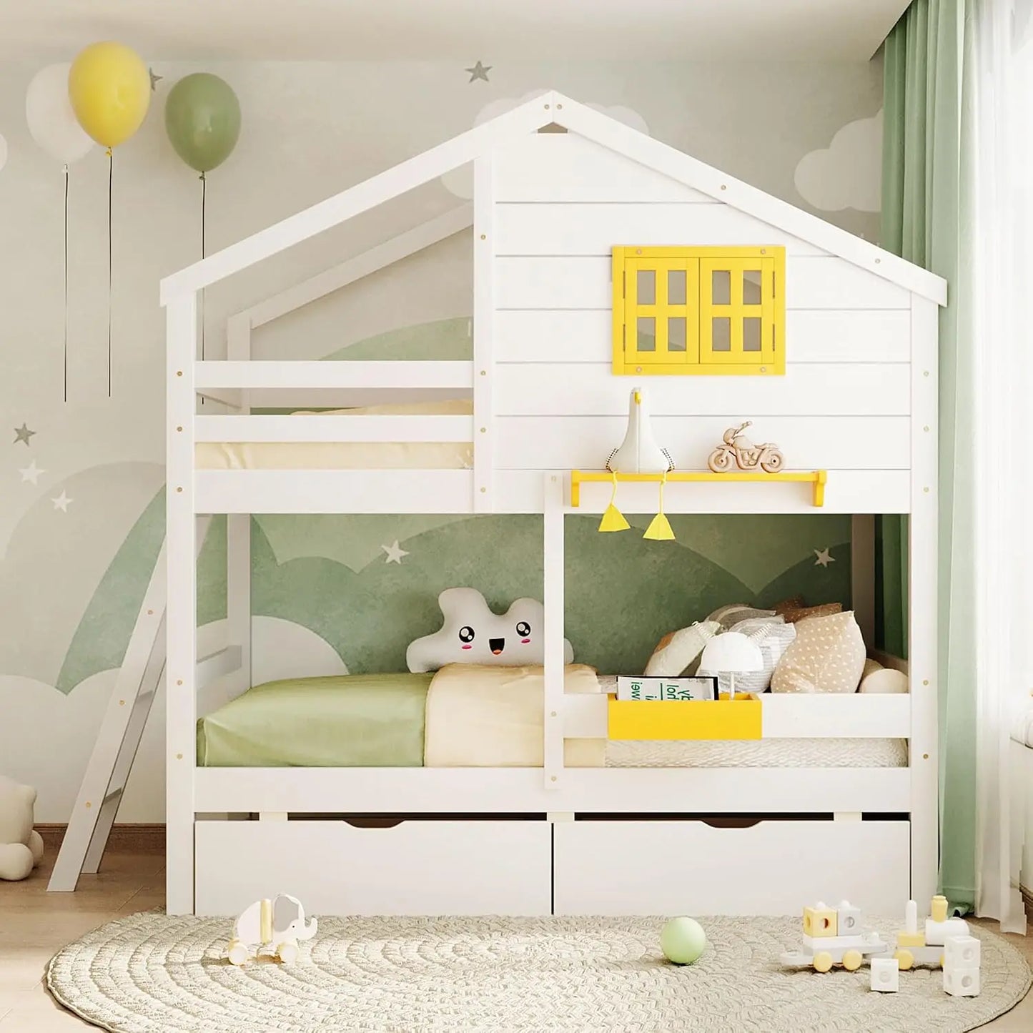 House Twin Over Twin Bunk Beds w/Storage Drawers & Shelf