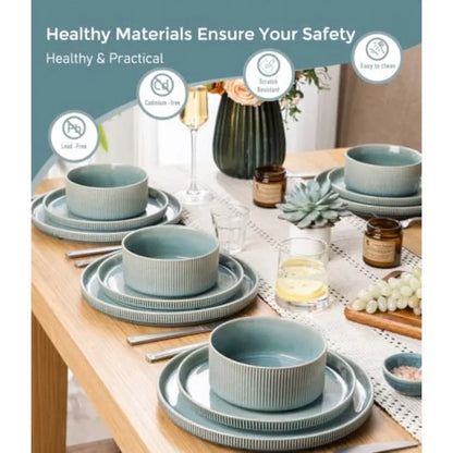12pc Scratch-Resistant, Stoneware Set (4), Ribbed Ceramic Plates and Bowls