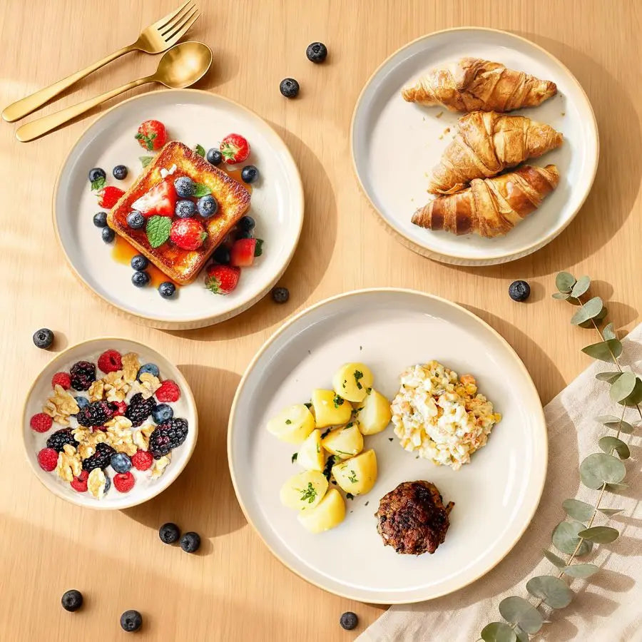 12pc Chip Resistant Stoneware, Ribbed Reactive Glaze Ceramic