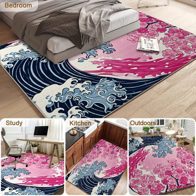 Large Cherry Blossom Wave Area Rug, Carpet, Easy Cleaning