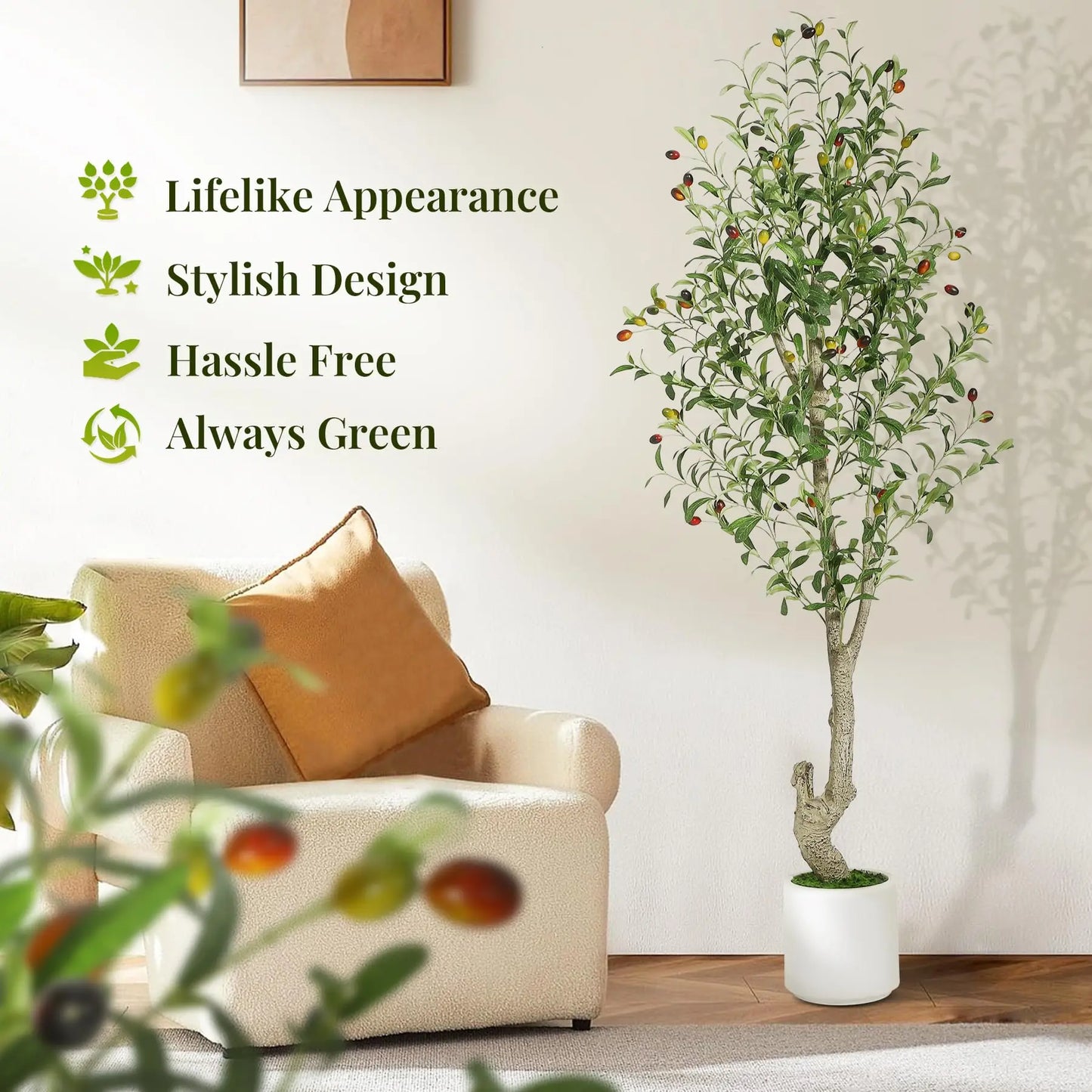 Artificial Olive Tree w/White Planter, Green Artificial Moss