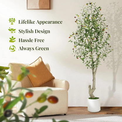 Artificial Olive Tree w/White Planter, Green Artificial Moss
