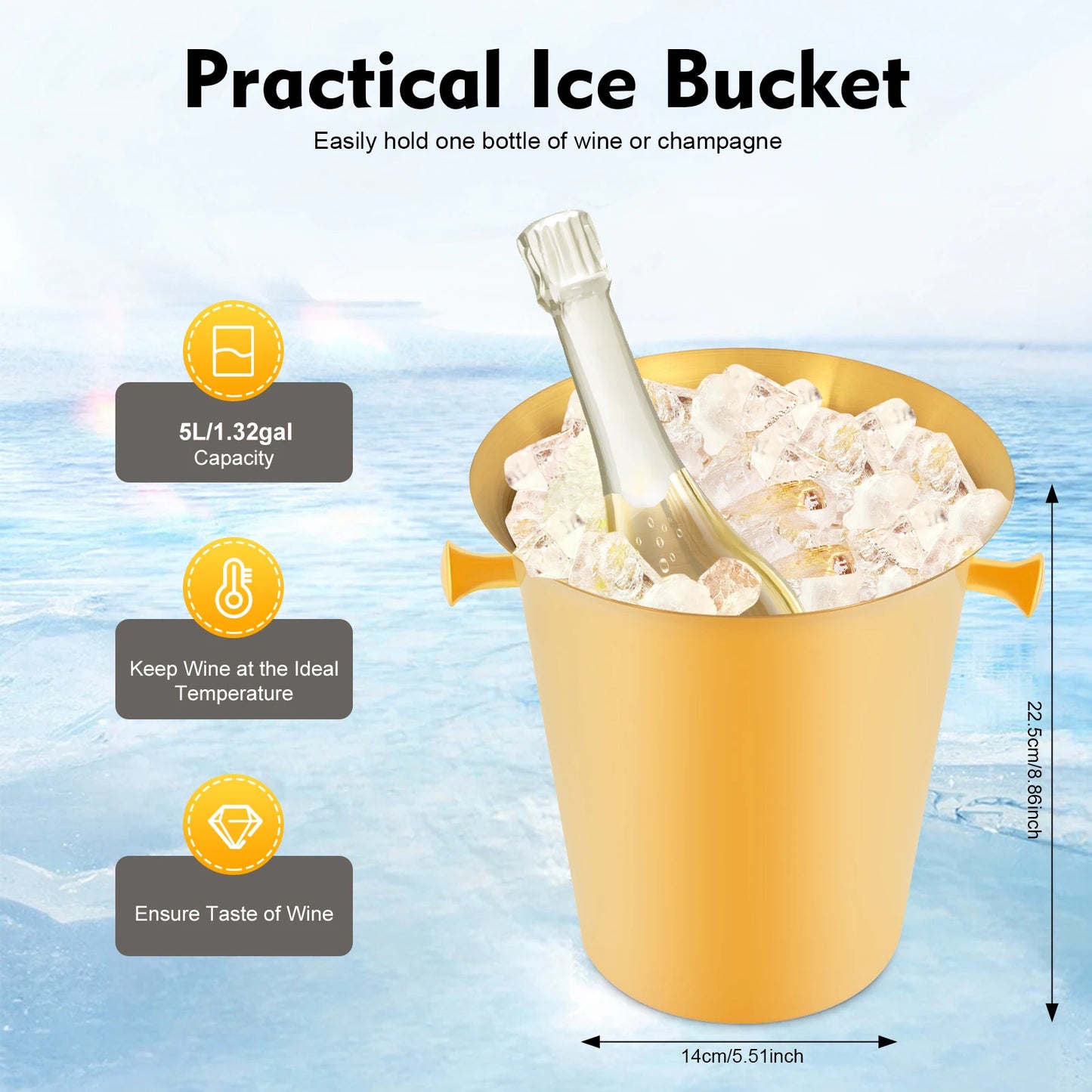 Premium 201 Stainless Steel Ice Bucket w/Stand - 5L Gold Wine/Champagne Chiller
