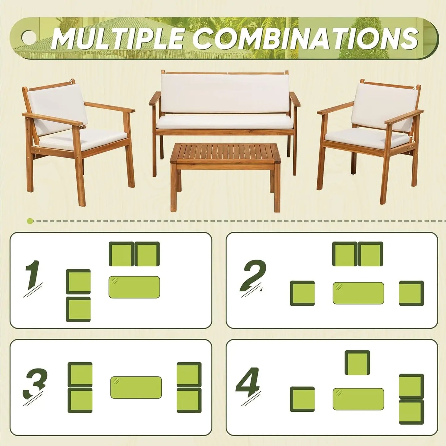4pc Outdoor Patio Acacia Wood Sofa Set w/Table & Cushions