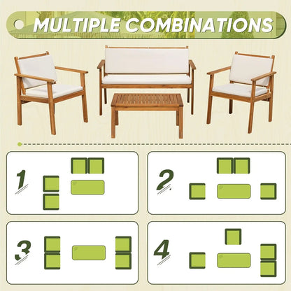 4pc Outdoor Patio Acacia Wood Sofa Set w/Table & Cushions