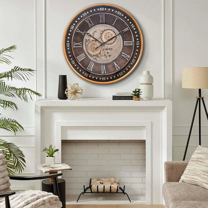 Antique Gold Roman Numeral 24" Moving Gears Wall Clock