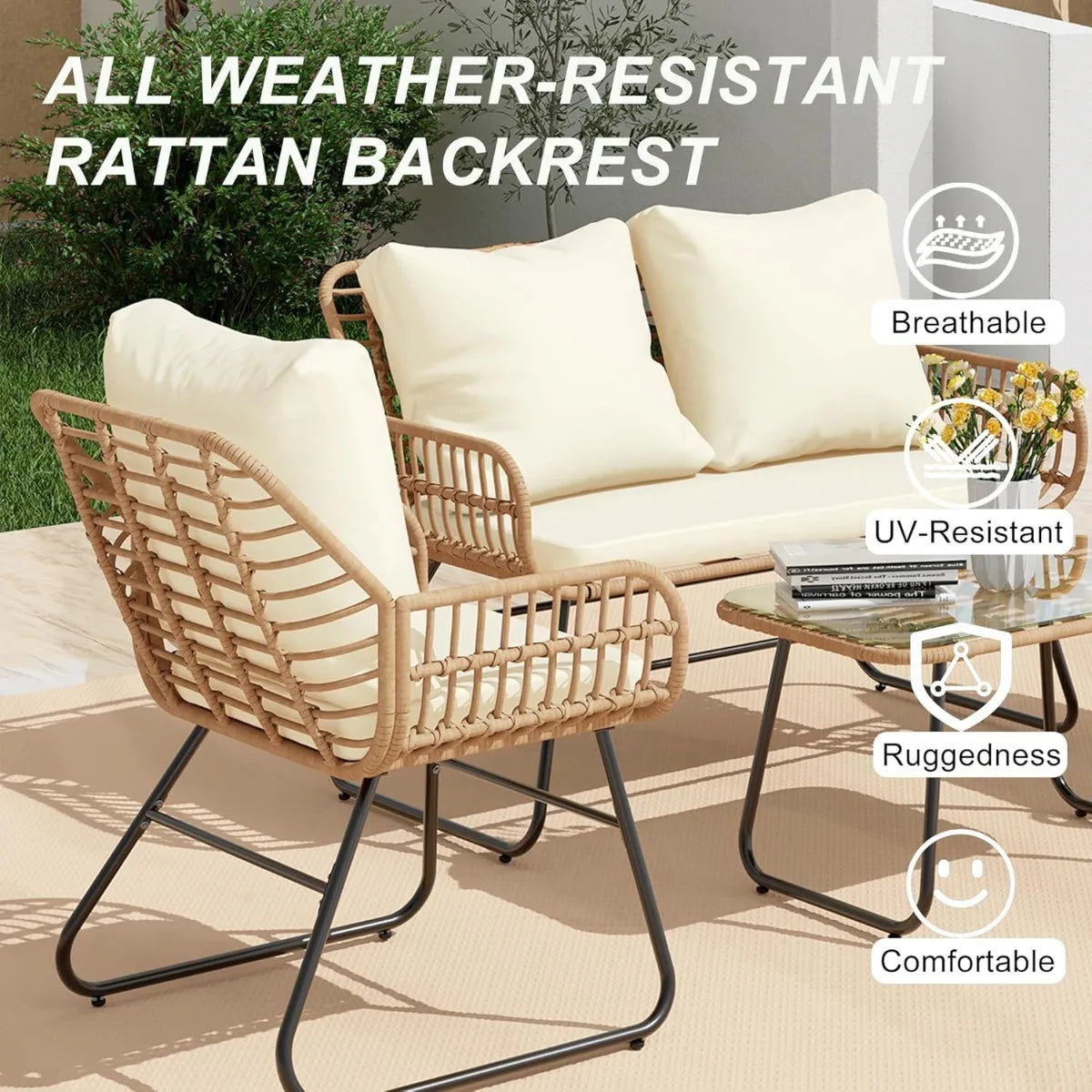 4pc Wicker Outdoor Furniture Set w/Cushions & Tempered Glass Table