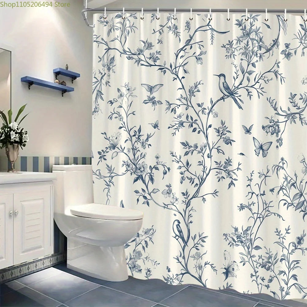 Vintage Floral Shower Curtain - Elegant Blue Branches & Birds