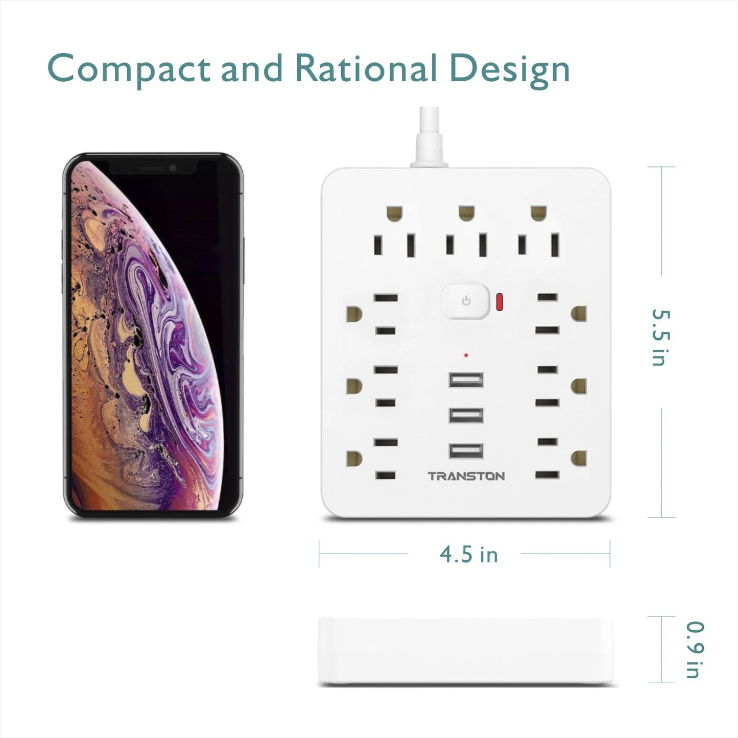 Surge Protector, 9 sockets, 3 USB Ports, 5ft