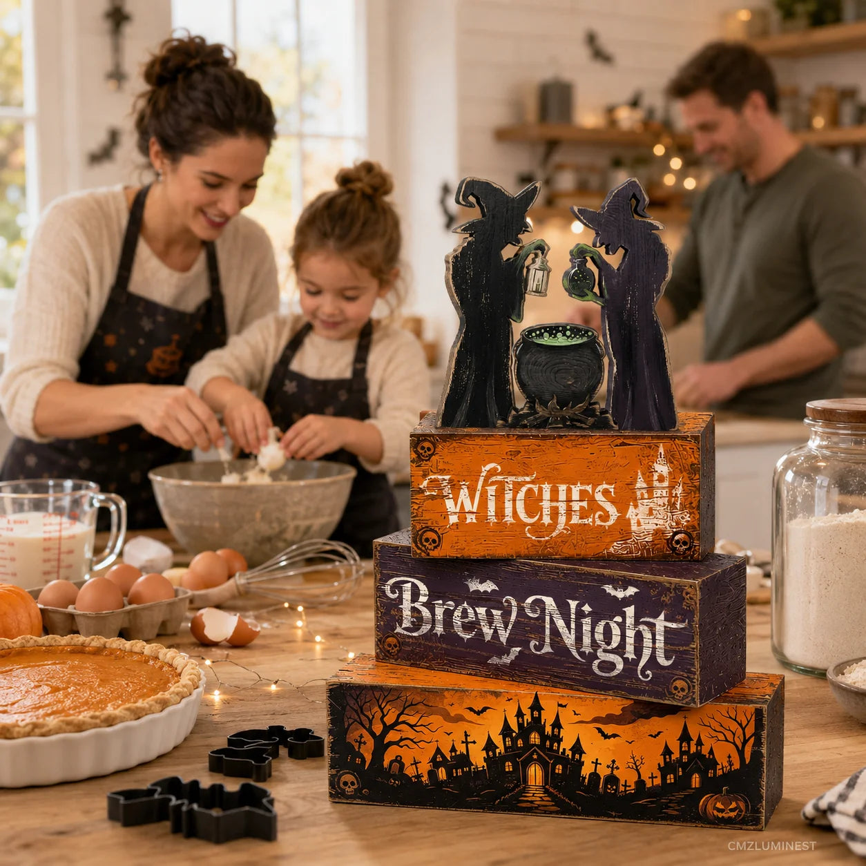 Rustic Witch Hat Table Decorations - Artificial Wood Layered Tray Centerpiece