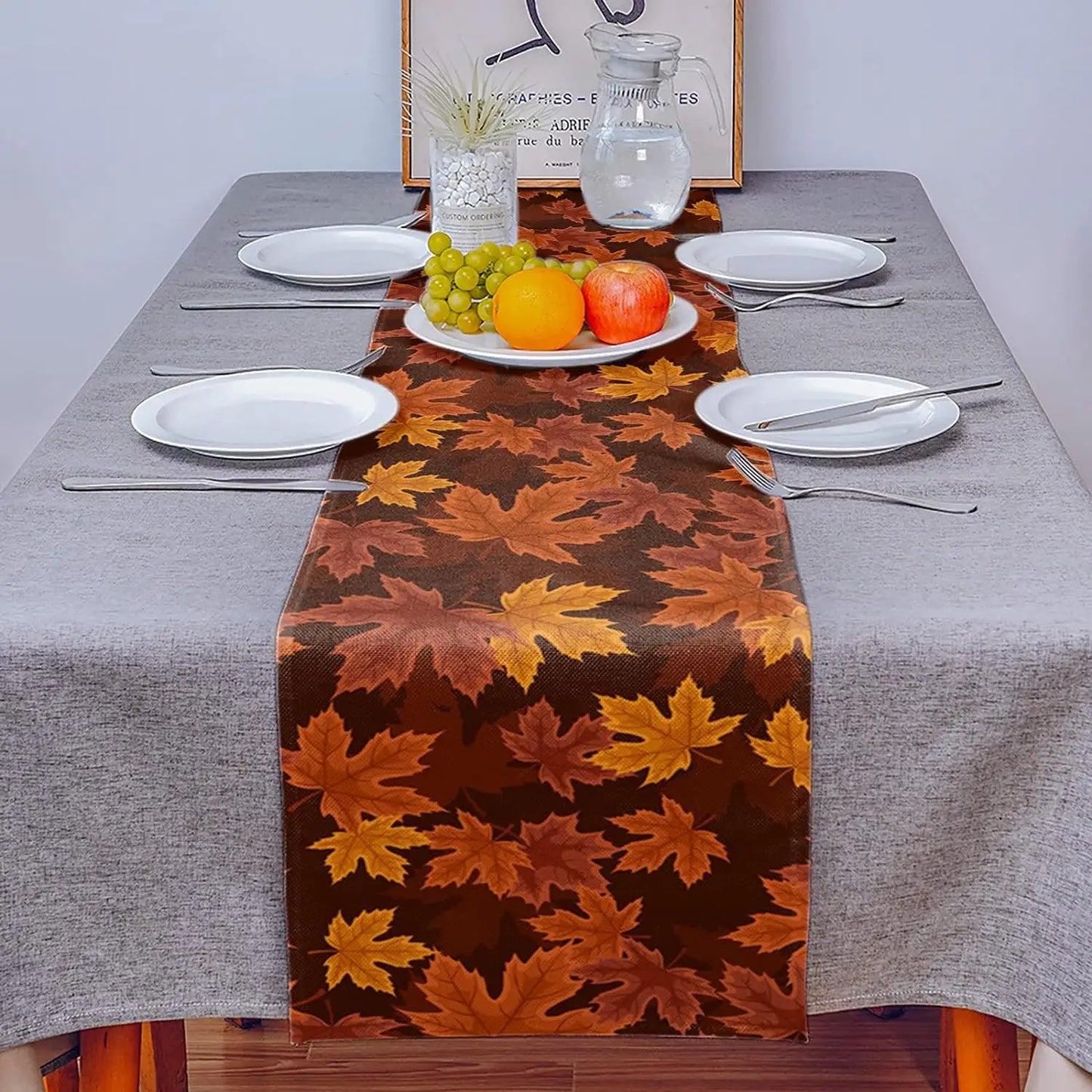 3 sizes, Fall Thanksgiving Maple Leaf Linen Table Runner