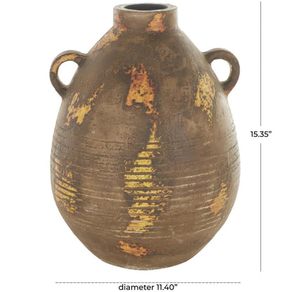 15" Grooved Antique Style Distressed Brown Ceramic Vase w/Handles