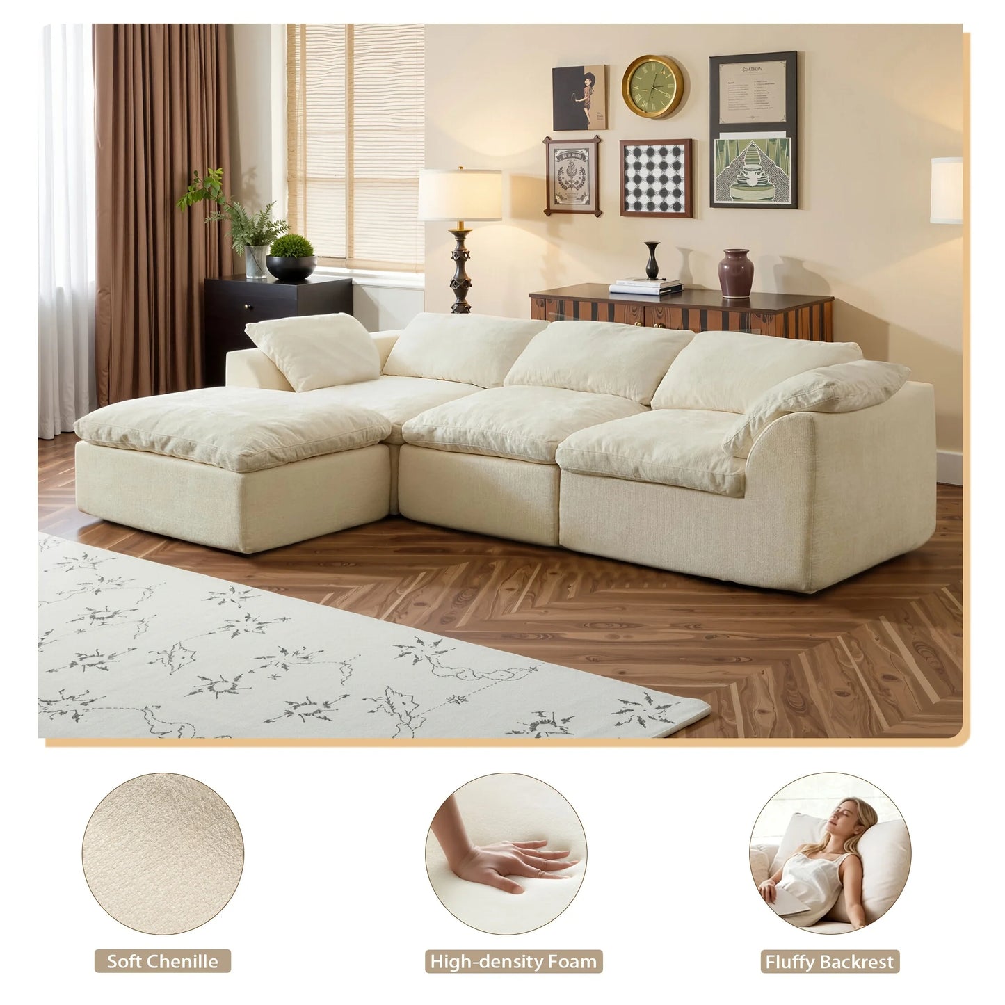 L-Shaped Modular Sofa, Boneless Design, Ultra-Soft Comfort, Ottoman