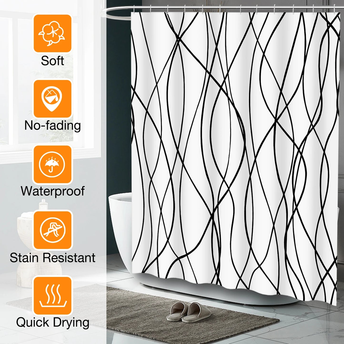 Minimalist Waterproof Polyester Fabric Shower Curtain Set w/12 Hooks