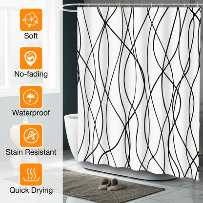 Minimalist Waterproof Polyester Fabric Shower Curtain Set w/12 Hooks