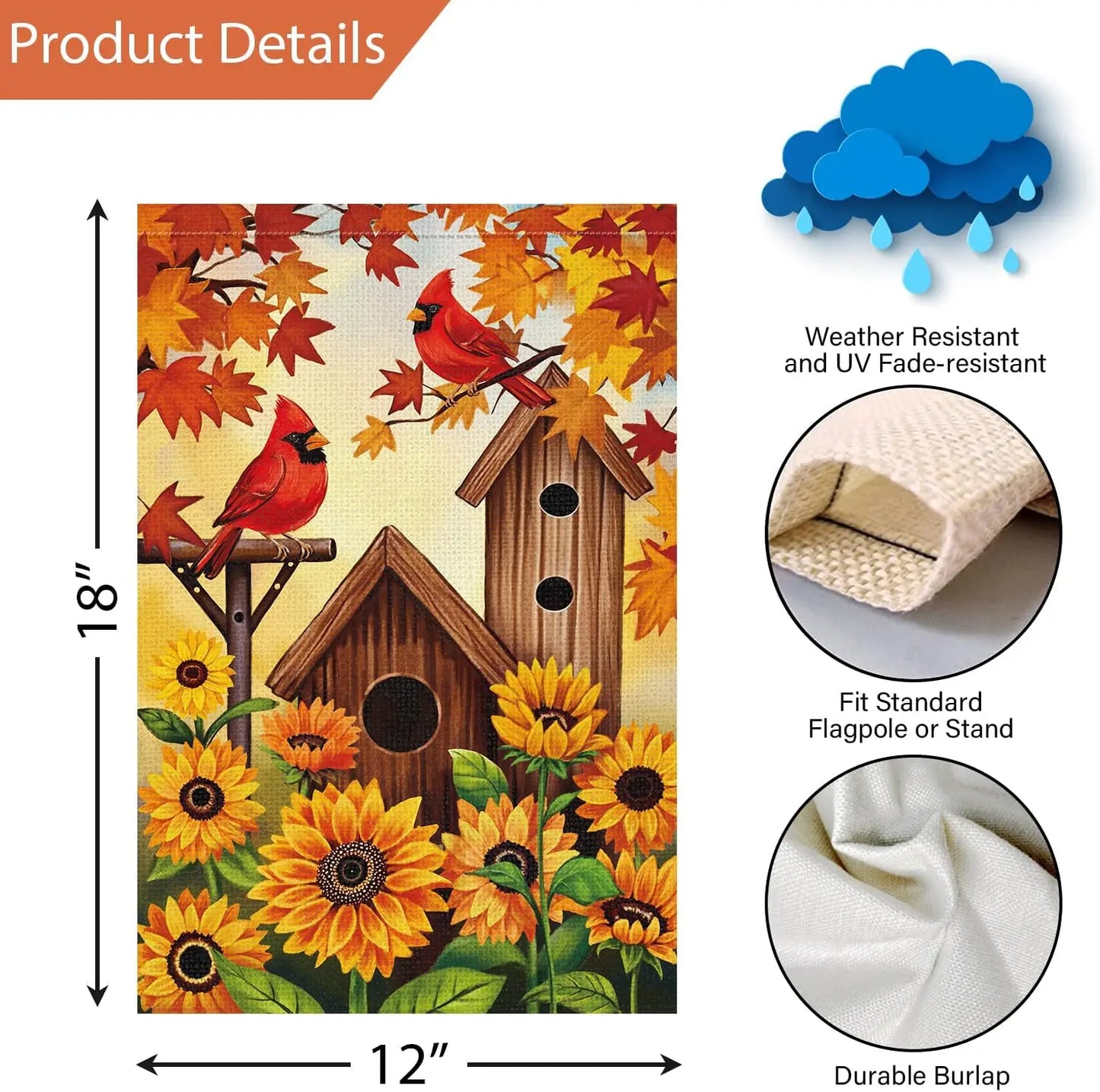 Fall Garden Flag Cardinal Sunflower Bird Burlap Thanksgiving