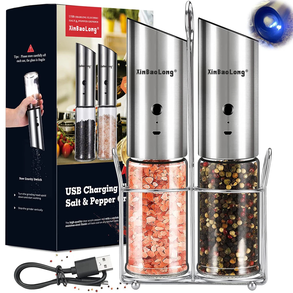 Electric Salt and Pepper Grinder Set, USB Rechargeable